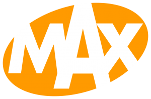 Logo van Omroep Max, die Met Het Mes Op Tafel uitzendt, waar De Vragenfabriek quizvragen voor maakt.